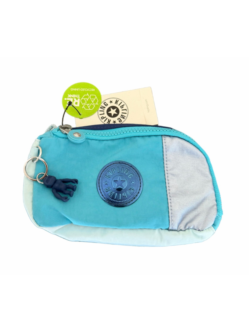 NWT Kipling Tibby Pouch Cosmetic Makeup Bag Teal Blue Colorblock Monkey Charm